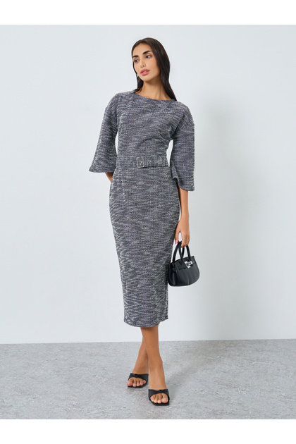 Tweed Bell Sleeve Belted Midi Dress