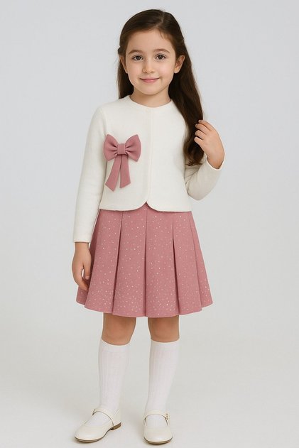 Girls' 3-Piece Set | Ribbed Bodysuit + Vest + Stone-Embellished Pleated Skirt (2-9 Years) Girls' Outfit