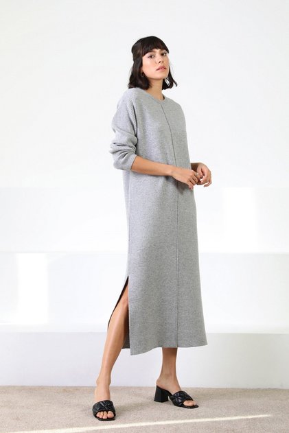 Gray Yandan Slit Midi Length Crew Neck Cashmere Women's Knitwear Dress