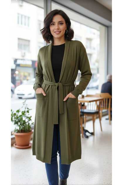 Long Sleeve with Pockets and Belt 110cm Long Knitwear Cardigan