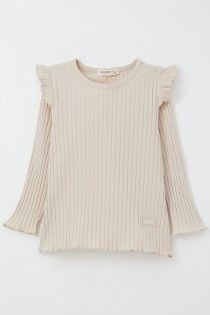 Girls' Long Sleeve T-Shirt with Crest Embroidery and Ruffles, Ages 2-6, Beige