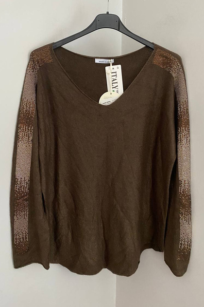 Women's Italian Brown V-Neck Plain Patterned Sleeve Stone Detailed Blouse Sweater