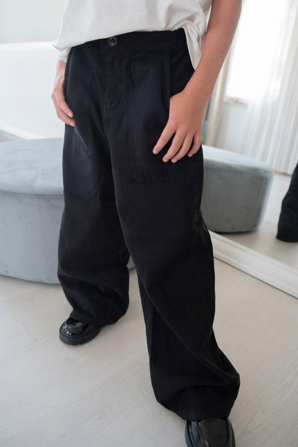 Girl's Gabardine Trousers Wide Leg Elastic Waist 5-9 Years Old, Black