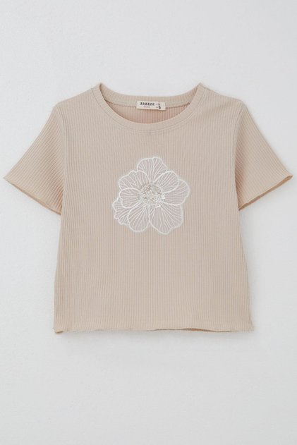 Girl's T-Shirt with Tulle Flower Embroidery, Beaded Accessories, Belt, Size 8-14 Years, Beige