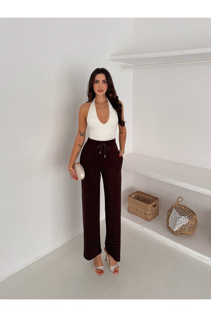 cu pietre aplicate Pantaloni confortabili croială cu talie elastică / Pantaloni relaxați cu talie elastică cu detalii perle