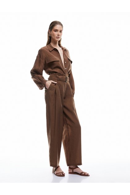 High Waist Pleated Detail Pocket Modal Fabric Wide Leg Pants