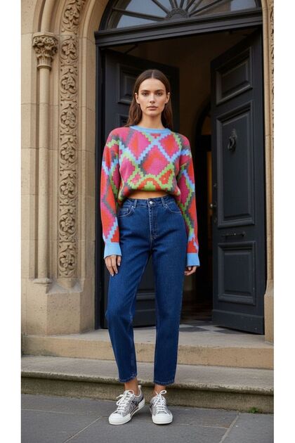 Medium Blue Sky Stretch Fabric Flexible Mom Jeans Denim Trousers