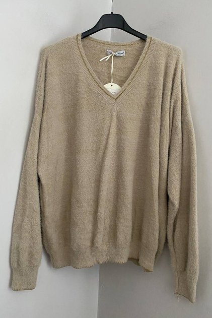 Women's Italian Beige V-Neck Glittery Loose Blouse Sweater