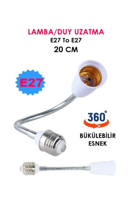 Lamba / Duy Uzatma 20 Cm Metal Esnek Bükülebilir 360 Derece E27 To E27