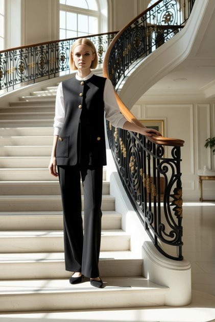 Women's Bottom-Top Button Detailed Knitwear Vest and Wide-Leg Pants Set, Comfortable and Stylish for All Day Wear