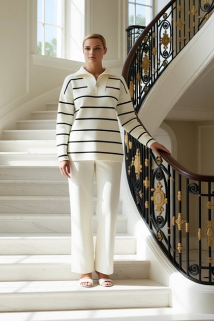 Women's Striped Zipper Collar Low-Sleeve Wide-Fit Knitwear Top and Straight-Leg Pants Set Stylish