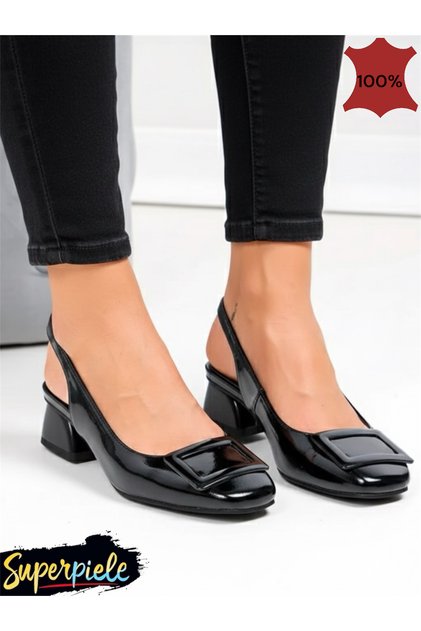 Pantofi de damă din piele naturală neagră, cu decorațiuni metalice și toc gros
