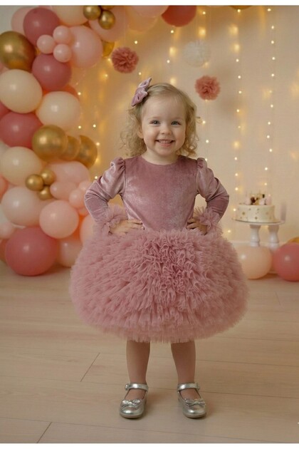 Dusty Rose Velvet Fabric Long Sleeve Tutu Baby Girl Dress - Velvet