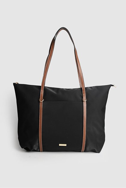 Lore Front Pocket Detailed Tote Model Satin Large Size Handbag and Shoulder Bag Black