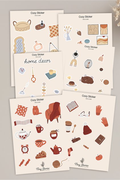 Cozy Themed Sticker Set - 6 Pieces / Agenda, Notebook, Bullet Journal, Scrapbook