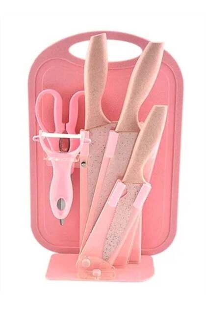 7-Piece Wheat Straw Kitchen Knife With Cutting Board Set Pink
