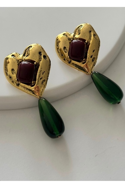 Brand Equivalent Green Drop Burgundy Heart Detailed Vintage Earrings