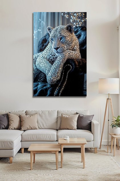 Ultra Lüks Kristal Leopar Cam Tablo | Mavi Gözlü Gümüş Kaplan Modern Duvar Sanatı