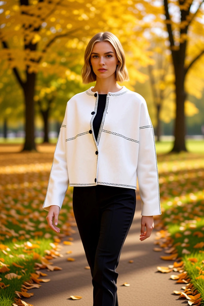 Women's Contrast Stitching Detailed Short Cut Knitwear Jacket Wide Fit Low Armhole Crew Neck Design