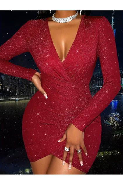 Red Glitter Long Sleeve Dress with Double-Breasted Collar & Double-Breasted Skirt Cut