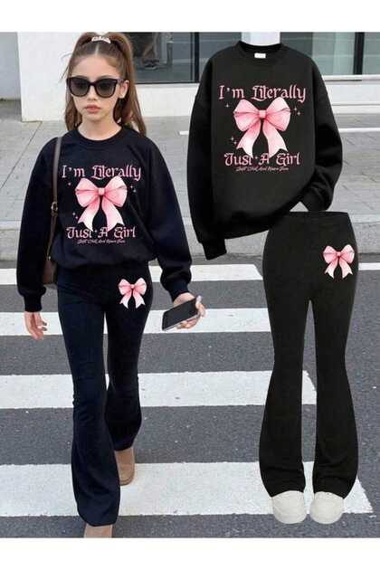 Top Black Bottom Black Just a Girl Ribbon Printed Girls' Top and Bottom Set Spanish Flare Pants