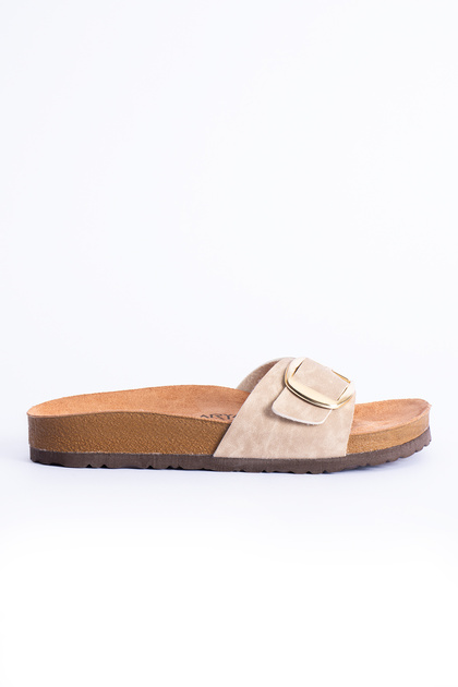 Madrid Women's Single Strap Large Gold Buckle Detail Eva Comfortable Sole Casual Daily Anatomical Suede Flat Slippers