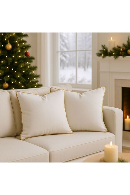 Set of 2 Cream - Yellow Piped - Decorative Throw Pillow Covers - Modern New Year Concept
