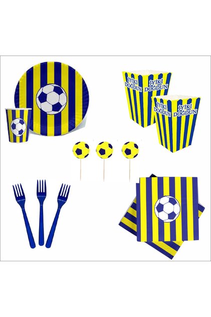 Fan Yellow Navy Blue 8 Plates, 8 Glasses, 8 Corn Boxes, 10 Napkins, 10 Forks, 10 Toothpicks