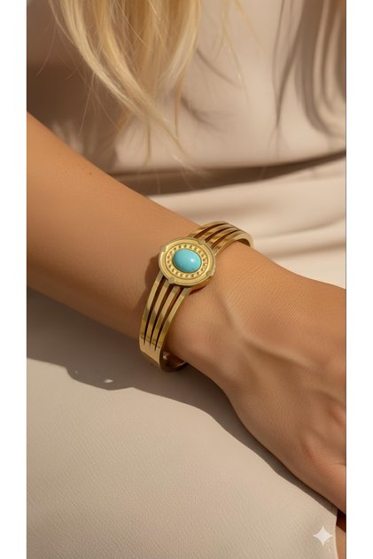 Steel Handcuff Bracelet Tarnish-Free Antiallergic Natural Stone Figured (2 Years Importer Guaranteed)