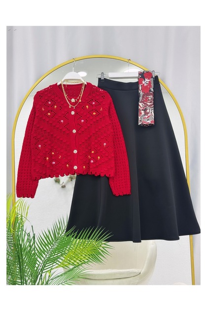 Set două piese cu cardigan tricotat și fustă evazată, albastru albăstrea [cardigan mărime unică, fustă cu mărimi]