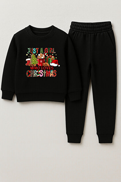 New Year 2026 Santa Claus Christmas Printed Crew Neck Black Children's Tracksuit Bottom Top Set