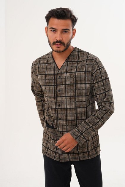 Men's Black Striped Front Buttoned Brown Pajama Set 8027