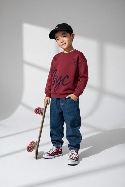 Oversized Simit Yaka Have the Fun/Nyc Printed 3 İp Ş Fleece-Lined Children's Sweatshirt