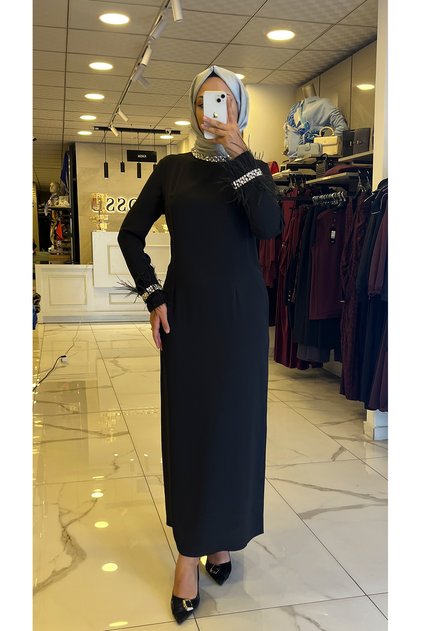 Gazella Siyah Kol Ucu Otrişli Elbise
