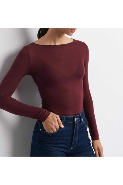 Transparent Fabric Boat Neck Long Sleeve Blouse