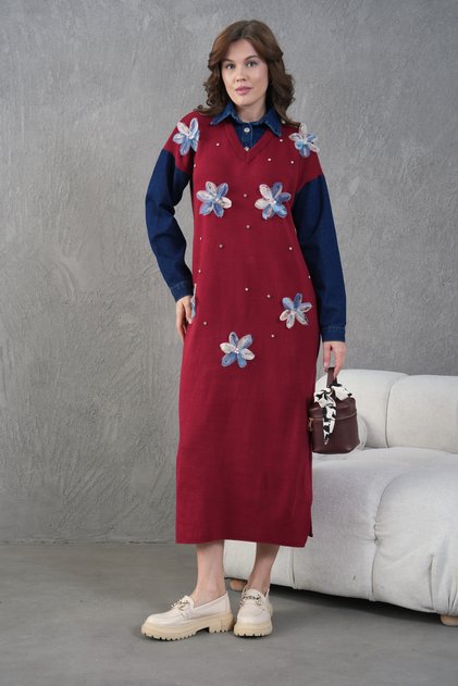 Women's Long Knit Dress with Denim Detail on the Sleeves, Tulle Front, Floral and Stone Embroidery, Loose Fit