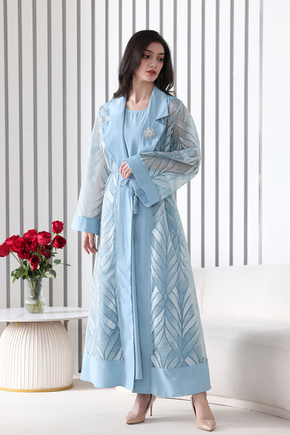 A sky-blue abaya embroidered with a sheer mesh overlay and a luxurious leaf pattern, featuring a classic collar and an adjustable waist belt.