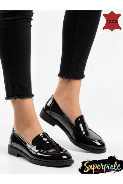 Mocasini casual damă din piele lăcuită, gri, fără slip-on