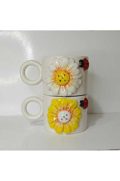 Handmade Set of 2 Ceramic Embossed Daisy & Ladybug Espresso Coffee Cups Mug 200ml