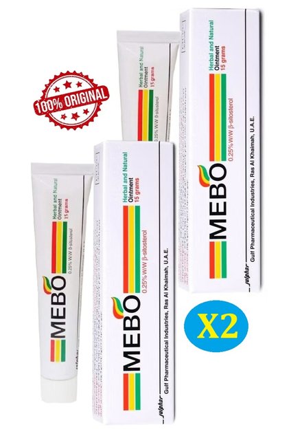 Two 100% original Julphar Mebo herbal ointment tubes for treating burns, wounds, and skin ulcers, 15 grams each