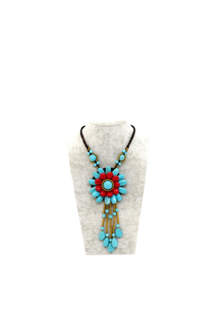 Colier handmade cu floare – turcoaz şi roșu, stil boho-chic