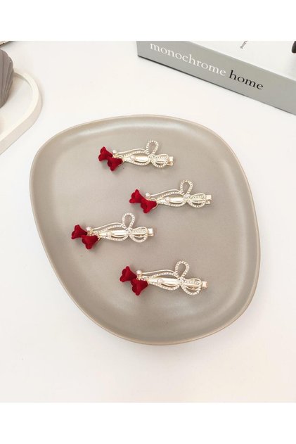 Gold Color 7 cm Metal Clip Clasp with Bow and Flock Lily Figure, Zircon Stone and Pearl Detail