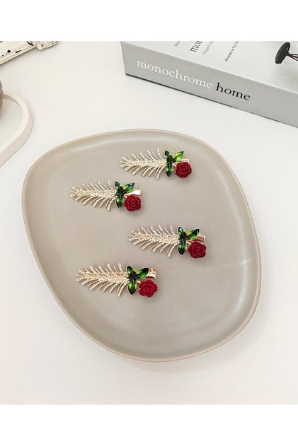 Gold Color 7 cm Metal Pen Buckle with Spruce Tree and Flocked Rose Figure Zircon Stone Detail