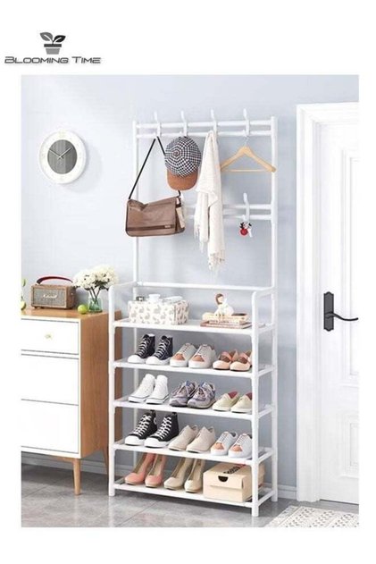 Coat Rack And 5-Layer Shoe Rack, With Hooks, Can Hang Clothes, Hats, And Shoe Racks For Shoes,White