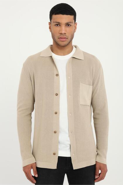 Men's Regular Fit Polo Collar Beige Cardigan
