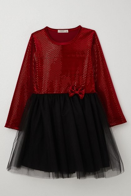 Girl's Long Sleeve Dress Velvet Sequin Age 5-10, Red