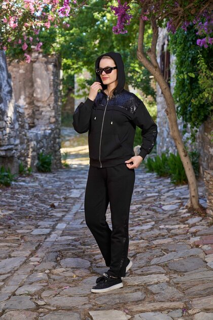 Hooded Tracksuit Set with Sequin Detail Cossybyaqua 26005-38 - Black