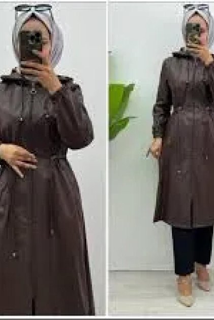 Fi̇rdevs Leather Coat Women's Bitter Brown Zippered Hooded Coat with Elastic and Belted Interior Leopard Pattern