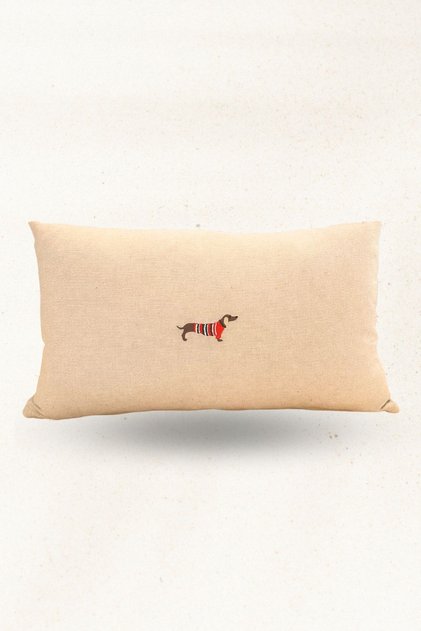 Embroidered Dog Pattern Linen Throw Pillow – Filled Decorative Pillow