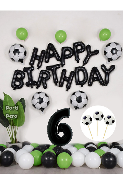 Futbol Temalı Siyah Happy Birthday Folyo Balon Top Folyo Balon Doğum Günü Balon Seti